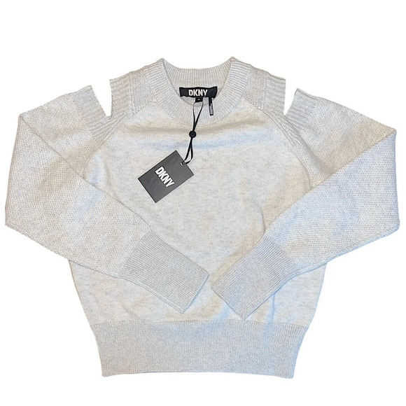 DKNY Pull Over Sweater XS Grey Glitter Crewneck Cutout Shoulder Sweater - Picture 1 of 7